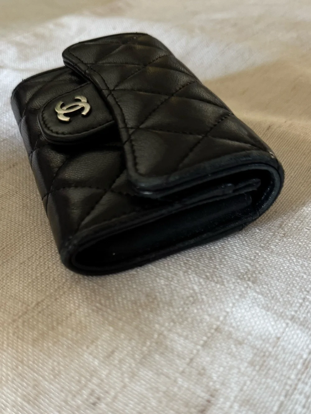 CHANEL Black Quilted Leather Card Case with Silver CC Hardware